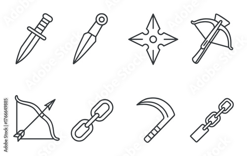 Dark silhouette of medieval weapons and tools on black background