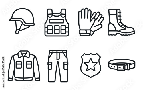 Military gear icons: helmet, vest, gloves, boots, uniform, badge, belt