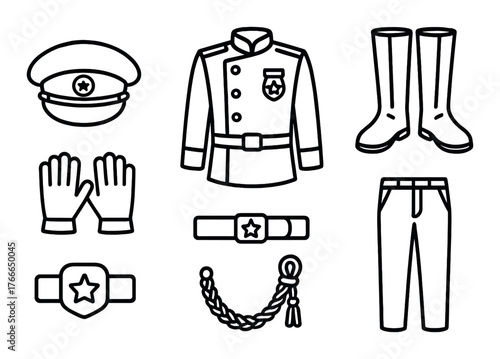 Minimalist monochrome police uniform icons set on dark background