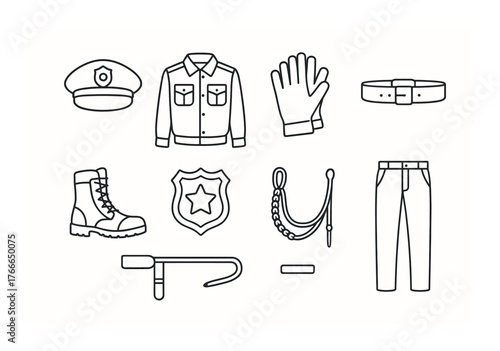 Outline icons of police uniform and accessories collection