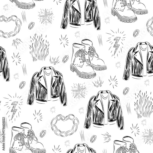 Punk Rock Seamless Vector Pattern – Hand Drawn Leather Jacket, Chain Hearts, Rocks and Boots Design for Fabric, Wrapping Paper, Stickers, and Apparel