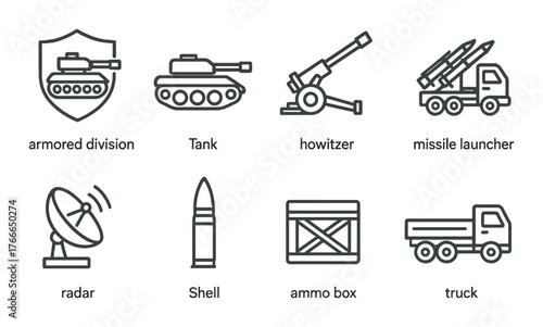 Military equipment icons featuring tank, howitzer, and missile launcher