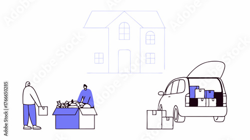 Volunteers unloading boxes of groceries from a van showcasing a variety of items like fresh produce canned goods and household essentials set against a backdrop of a community