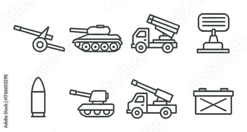 Military equipment silhouettes on dark background