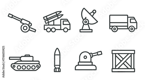 Military equipment icons set: tank, missile, radar, truck, artillery, crate