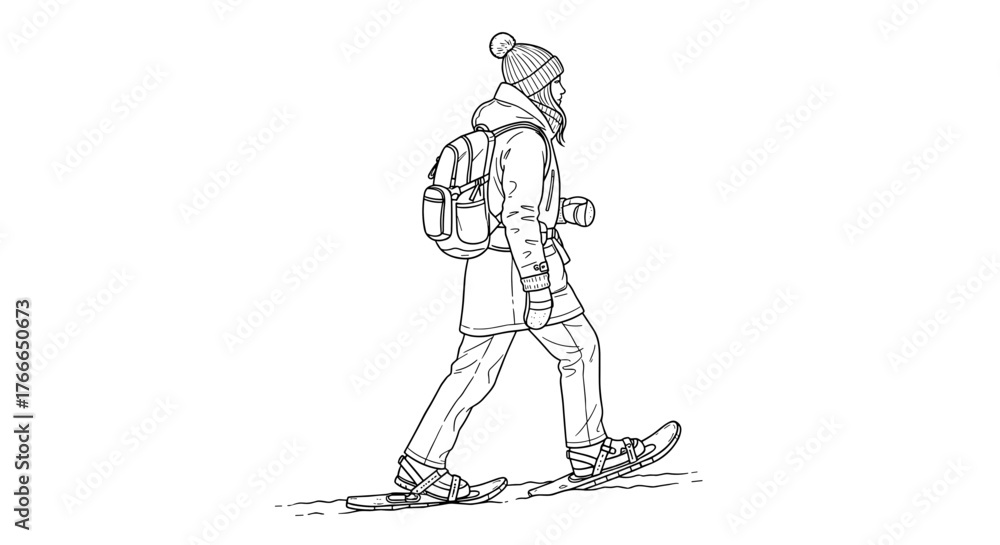 Obraz premium Person snowshoeing with backpack in black and white sketch style