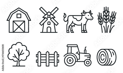 Minimalist farm icons set featuring barn, windmill, cow, tractor, and more