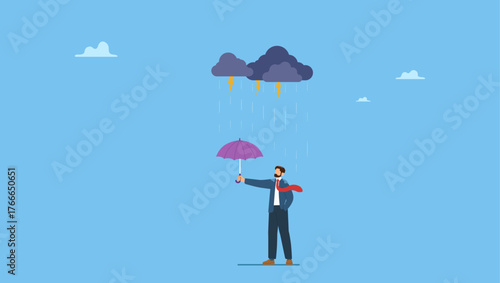 Misfortune businessman with too small umbrella protection in strong raining storm. Wrong decision or business mistake causing failure, risk management or unlucky problem and trouble.