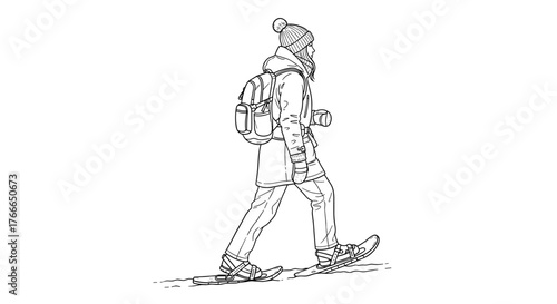 Person snowshoeing with backpack in black and white sketch style