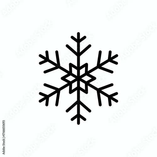 Illustration of a single black snowflake with six points on a plain white background image design art