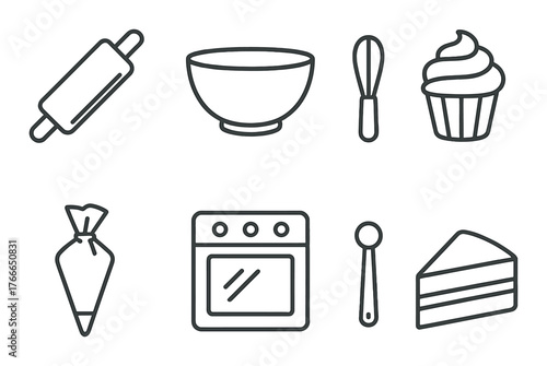 Monochrome baking icons: cupcake, oven, rolling pin, mixing bowl, whisk, piping bag, slice