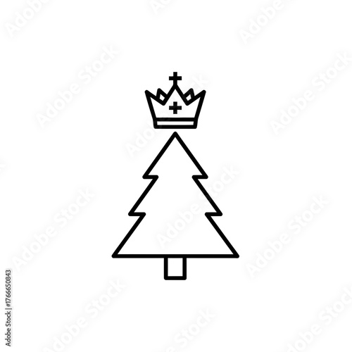 A minimalist outline of a christmas tree with a crown on top in a simple black and white style design