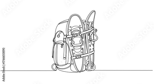 Backpack with snowshoes in minimal line drawing on white background