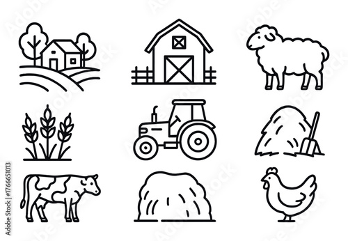 Farm icons set: barn, tractor, sheep, wheat, cow, haystack, chicken