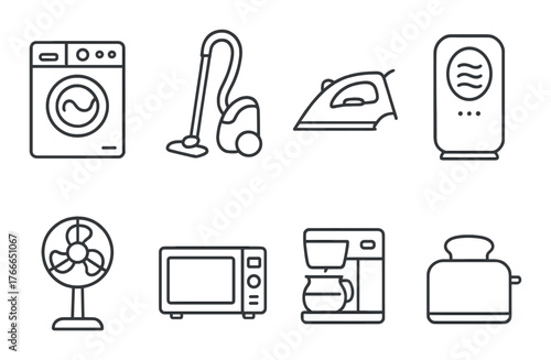 Household appliance icons: washer, vacuum, iron, air cooler, fan, microwave, coffee maker, toaster