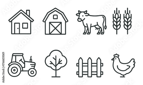 Farm icons: house, barn, cow, wheat, tractor, tree, fence, chicken illustrations