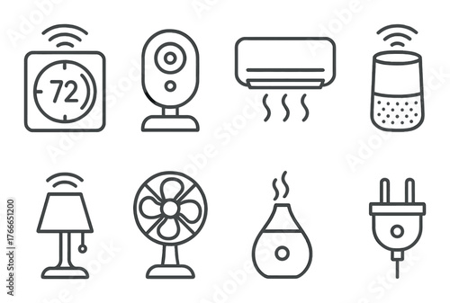 Smart home devices icons featuring thermostat, camera, air conditioner, and smart speaker