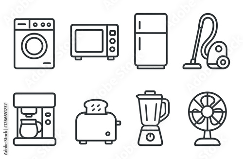 Essential kitchen and home appliances: washing machine, microwave, fridge, vacuum, coffee maker, toaster, blender, fan