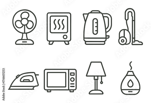 Outline icons of household appliances including fan, heater, kettle, vacuum, iron, microwave, lamp, humidifier