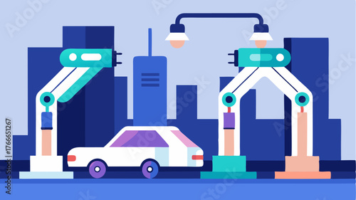 A hightech charging station that employs robotic arms to connect and disconnect cars showcasing automation in urban infrastructure.