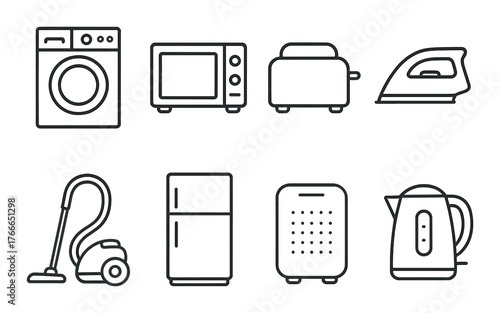 Collection of home appliances: washer, microwave, toaster, iron, vacuum, fridge, dehumidifier, kettle