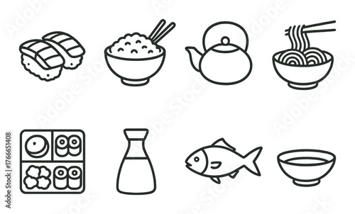 Japanese cuisine icons: sushi, rice bowl, teapot, noodles, bento, sake, fish, soup