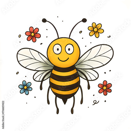 Cute Cartoon Bee with Flowers. Hand-Drawn Style Illustration perfect for children’s products, greeting cards, eco-friendly branding, posters, or educational materials.