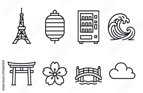 Icon set featuring eiffel tower lantern vending machine wave torii cherry blossom bridge cloud
