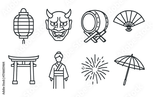 Traditional japanese icons: lantern, mask, drum, fan, torii, kimono, fireworks, umbrella