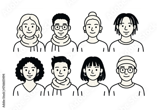 Diverse male and female cartoon characters with various hairstyles and accessories