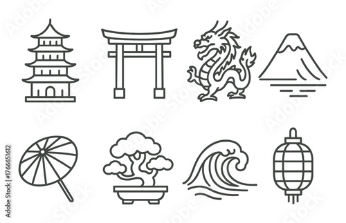 Traditional japanese symbols: pagoda, torii, dragon, mount fuji, umbrella, bonsai, wave, lantern