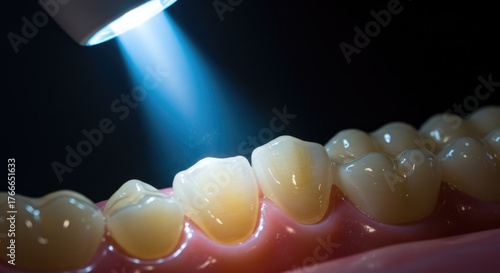 Dentist uses curing light on realistic teeth model for advanced dental treatment preparation