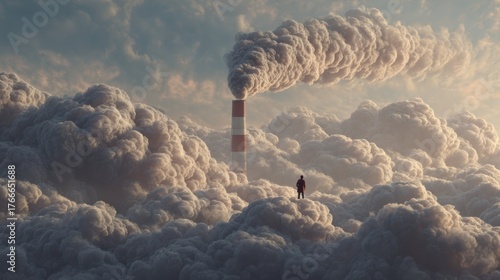 Man standing before a smokestack emitting pollution into the atmosphere