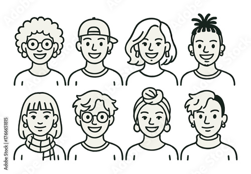 Diverse cartoon characters: young men and women with various hairstyles and accessories