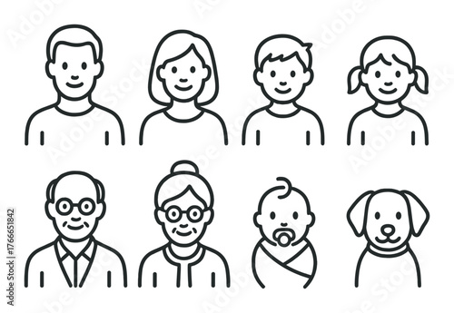 Diverse cartoon portraits of various ages and a dog on textured background