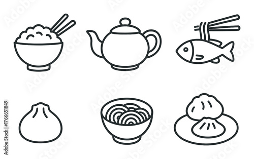 Line art icons of asian cuisine featuring dumplings, noodles, teapot, fish, rice