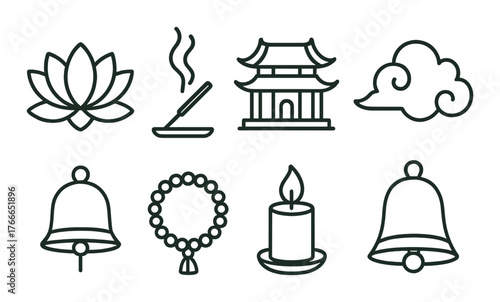 Set of eight spiritual symbols including lotus, pagoda, and candle