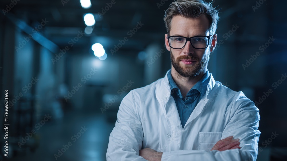 Fototapeta premium Confident scientist in lab coat looking at the camera with arms crossed