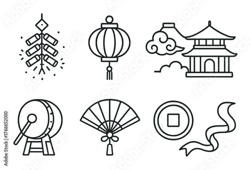 Traditional asian cultural symbols: lantern, pagoda, fan, coin, drum, knot