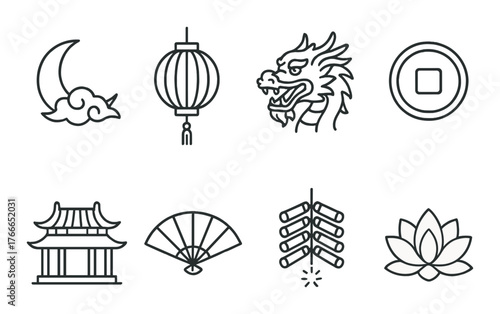 Traditional asian symbols: lantern, dragon, pagoda, lotus, and more icons