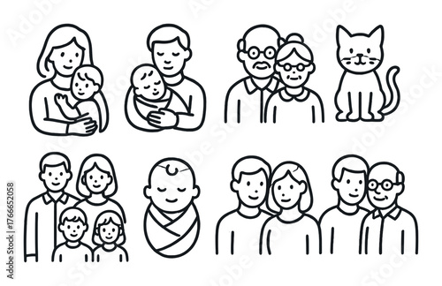 Illustrated family icons: diverse ages with cat on dark background
