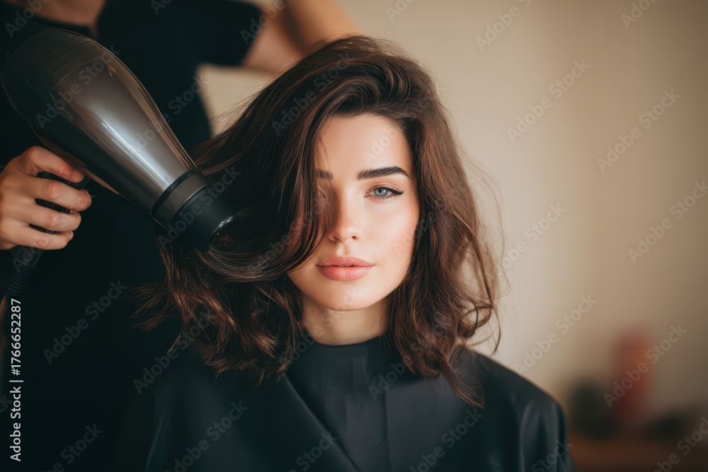 Fototapeta premium Hair Blowout. Beautiful Woman Enjoying Blow Dry Styling in Comfort of Home Salon