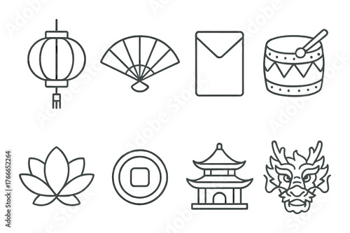Traditional asian cultural symbols: lantern, fan, drum, pagoda, dragon