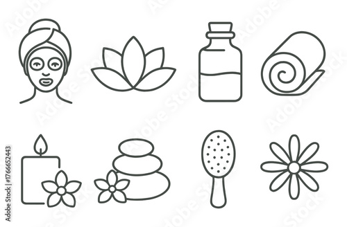 Spa and wellness icons: relaxation, aromatherapy, beauty treatments, candle, flowers