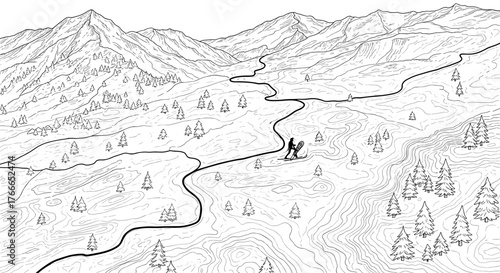 Hiker on mountain trail in black and white topographic sketch style