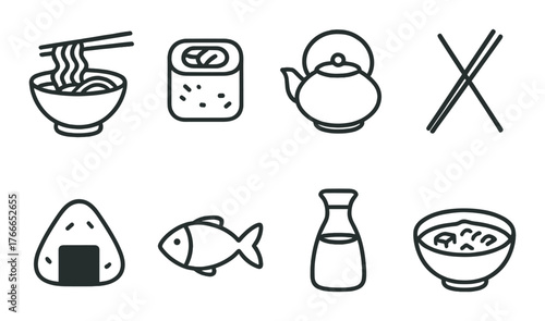 Japanese cuisine icons featuring ramen, sushi, teapot, and chopsticks on vintage background