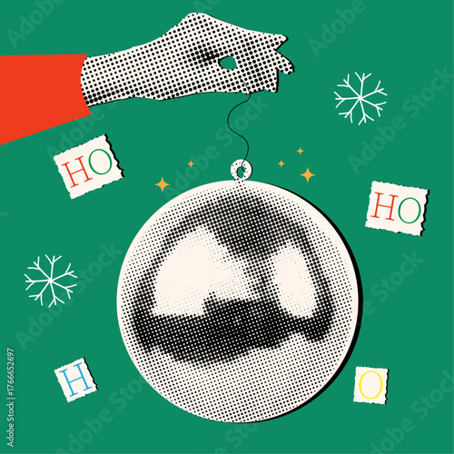 Christmas and New year halftone collage elements set,cutout of magazine elements,hand holding disco ball