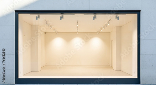Contemporary blank retail window display illuminated by warm ceiling lights

