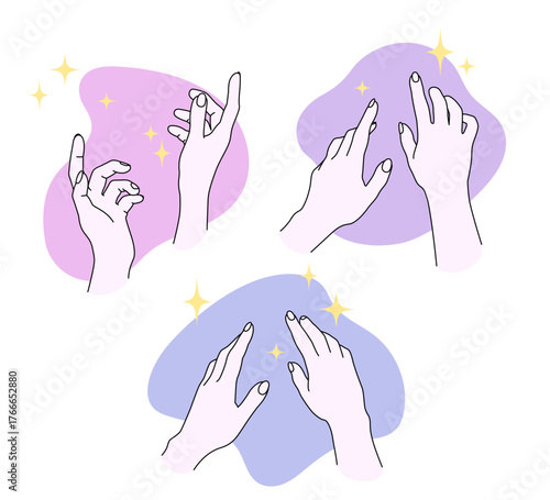 Elegant woman hands, magic gestures line drawings. Esoteric, witchcraft, astrology, divination illustration