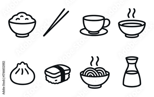 Asian cuisine icons set including rice, chopsticks, tea, soup, dumpling, sushi, ramen, and soy sauce